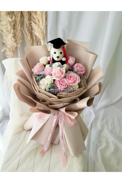 Genesis Pink Roses and Bear Graduation Bouquet